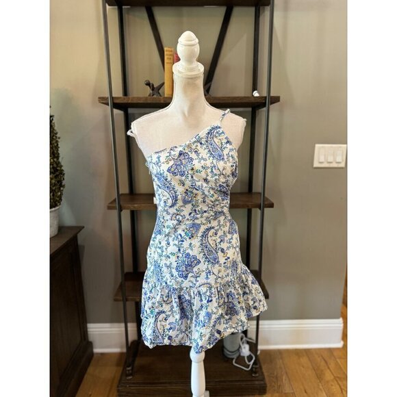 Milly Brinlee Paisley Asymmetric Side Cut Out Mini Dress Blue Womens Size 8 - Picture 6 of 12